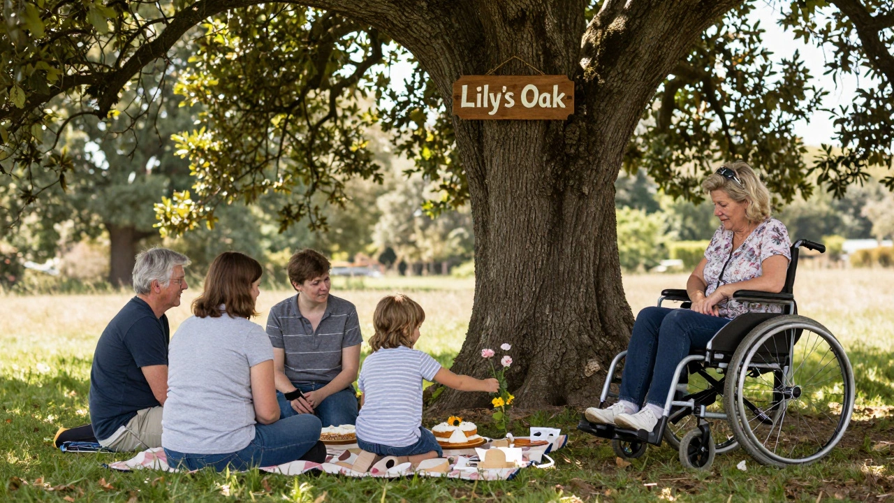 A group gathered under a named tree with a picnic and flowers, a woman in a wheelchair smiling softly in the afternoon sun.