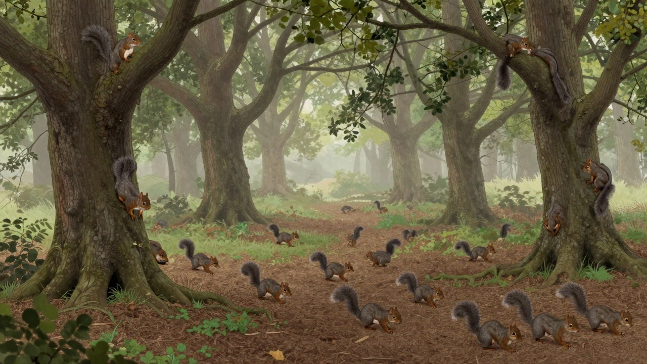 A group of grey squirrels moves through a woodland, some climbing trees and others foraging on the ground.