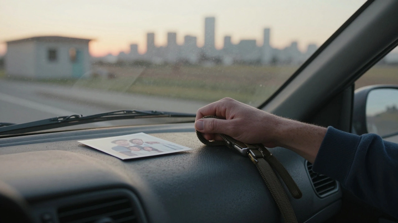 A person's hand holding a dog leash and family photo on a car console as dawn breaks over a city skyline.