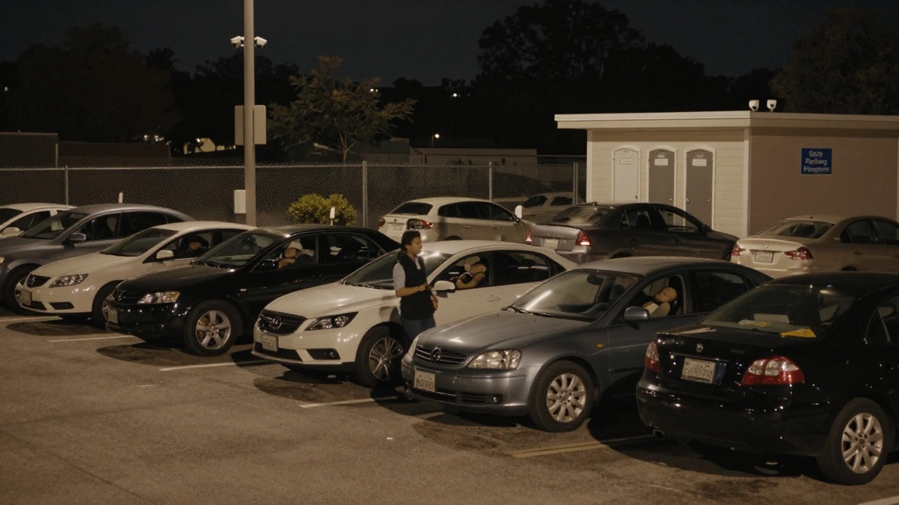 A secure safe parking lot with cars parked overnight, security cameras, and a social worker checking on occupants.