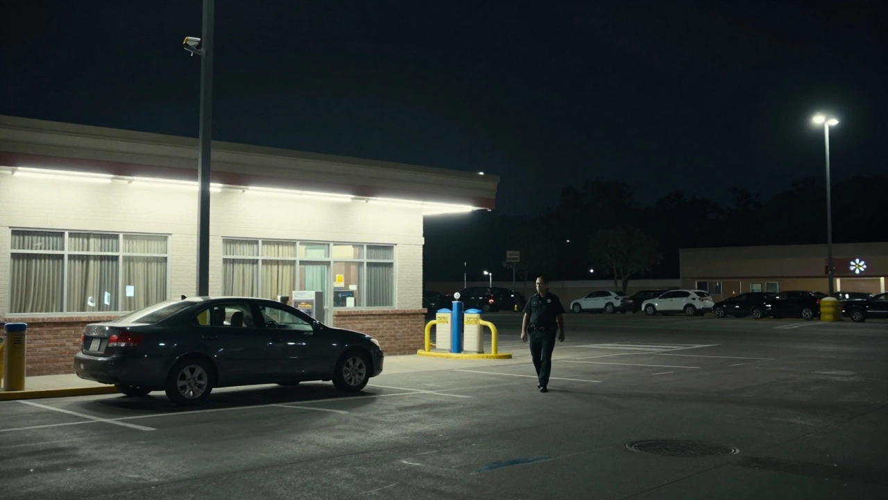 A vehicle parked near the entrance of a 24-hour Walmart store, curtains drawn, under bright security lights.