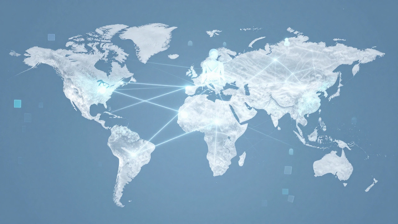 Abstract glowing network connecting people globally symbolizing digital charity.