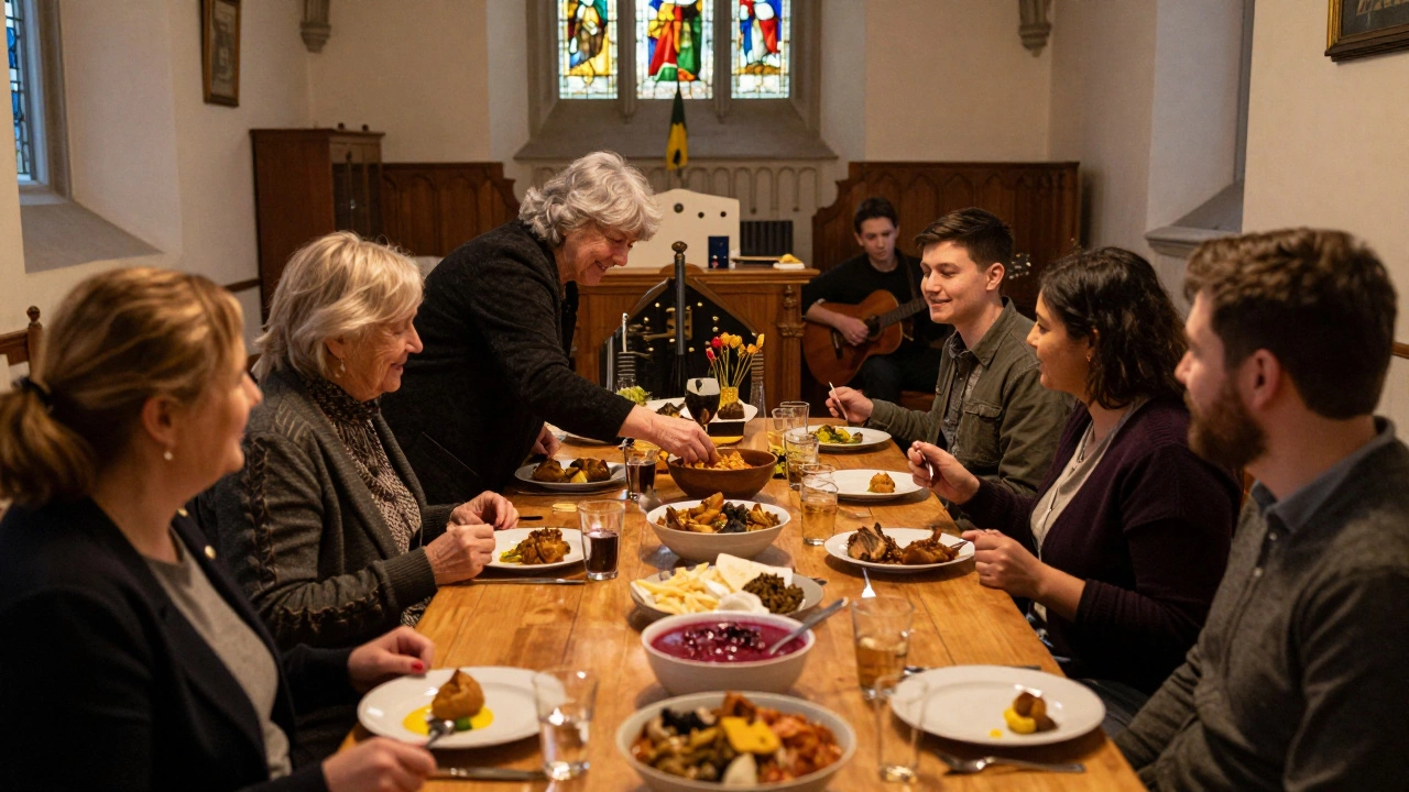 Diverse people sharing a meal at a long wooden table in a church hall, bowls of international dishes and warm lamplight.