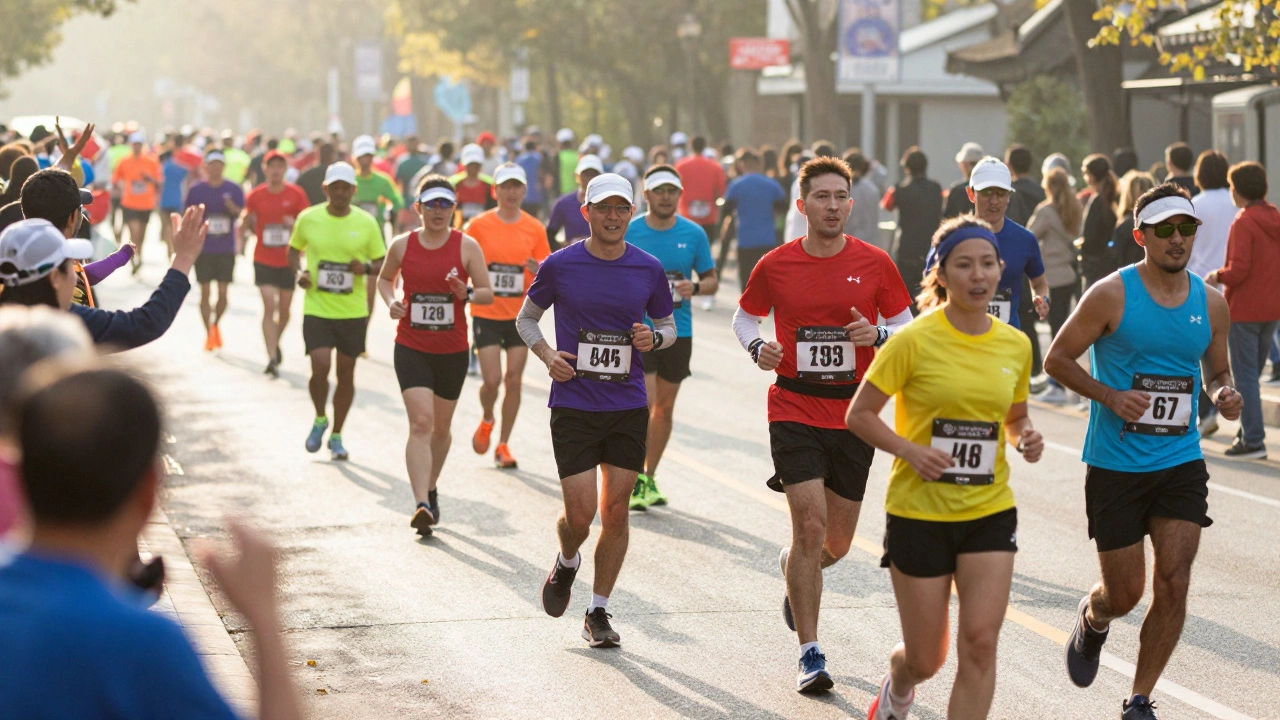 Hundreds of diverse runners participating in a city marathon event.