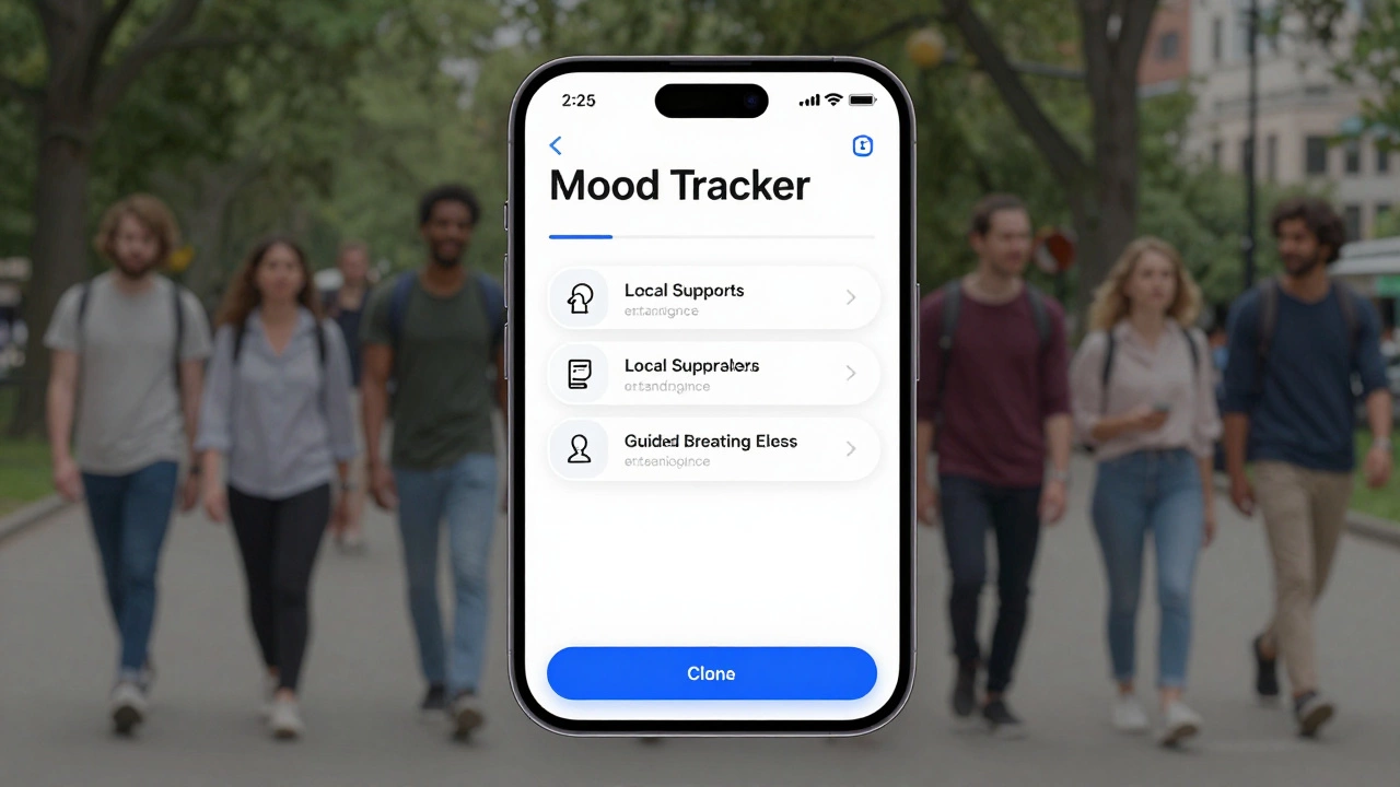 Mind's new app interface showing mood tracking and local support features.