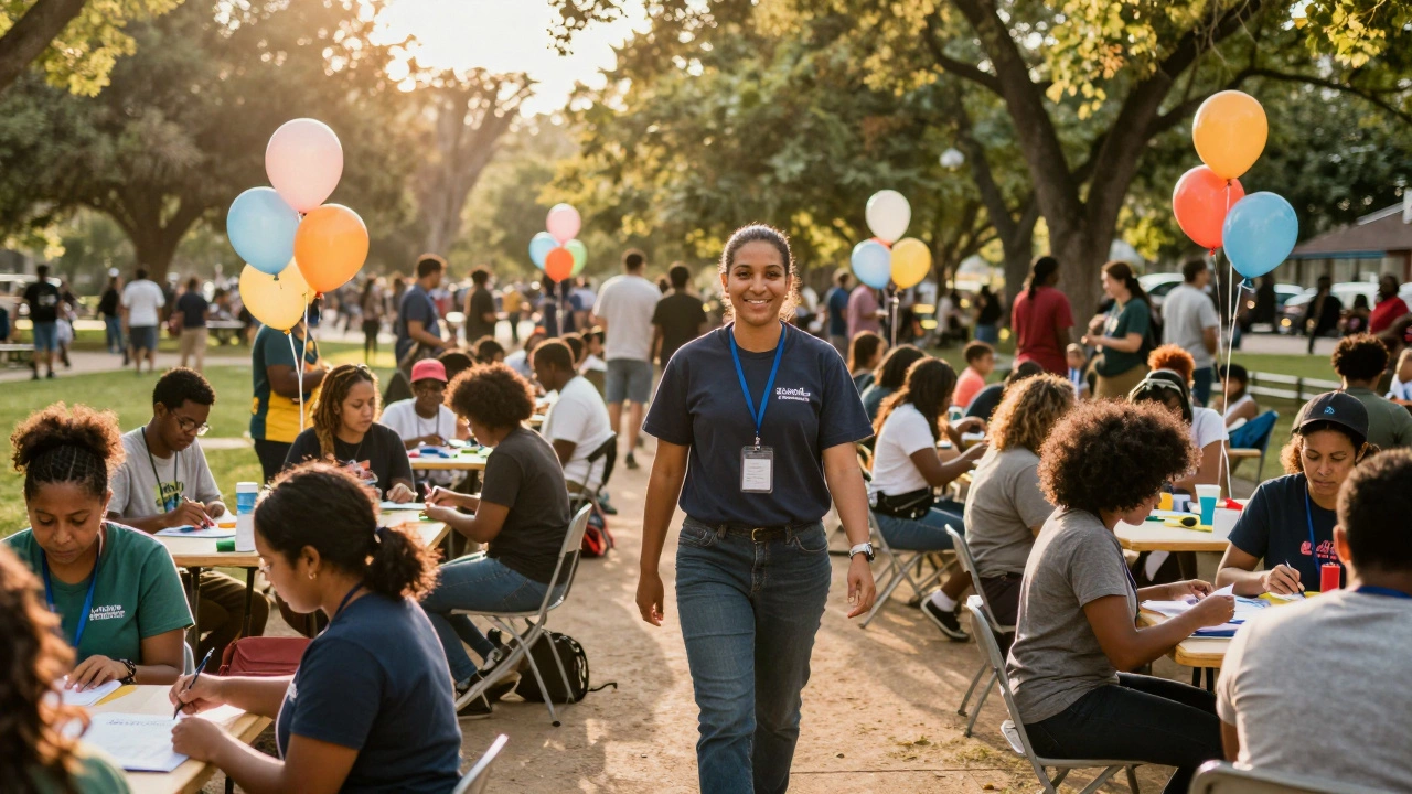 Observer watching families work in a community garden.