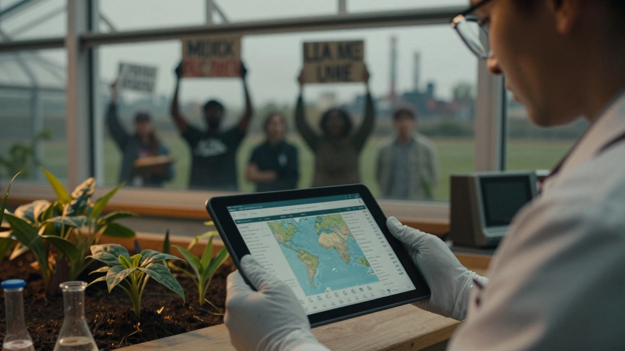 Researcher with data and protesters in background window