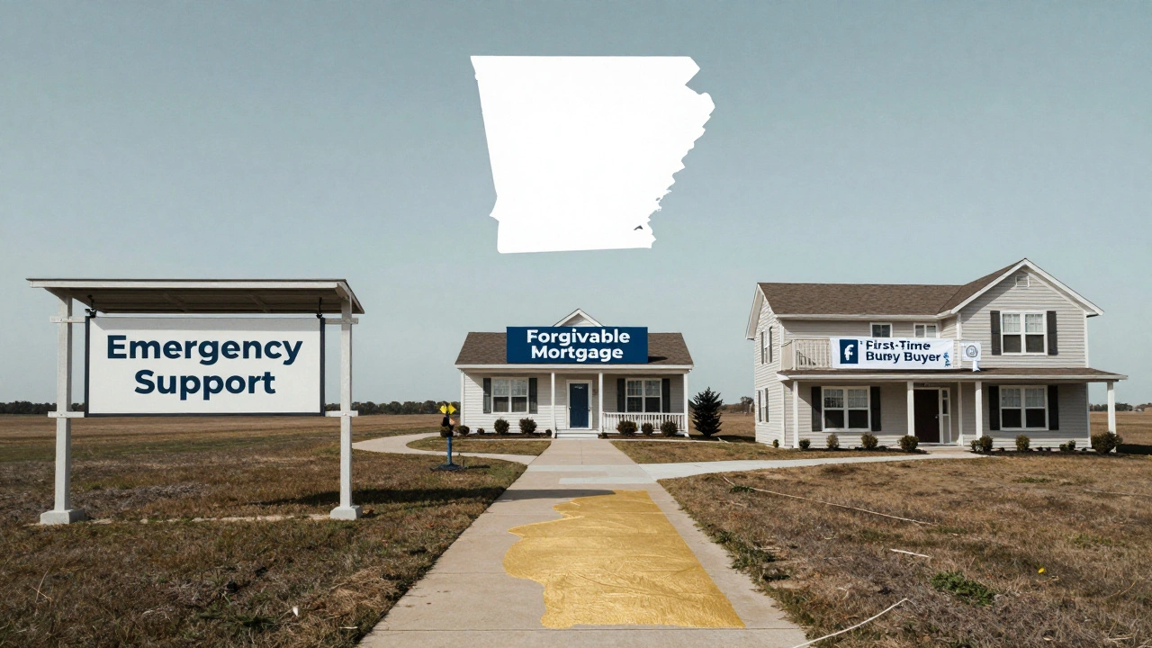 Three diverging paths representing shelter, loan assistance, and homeownership under an Arkansas map.