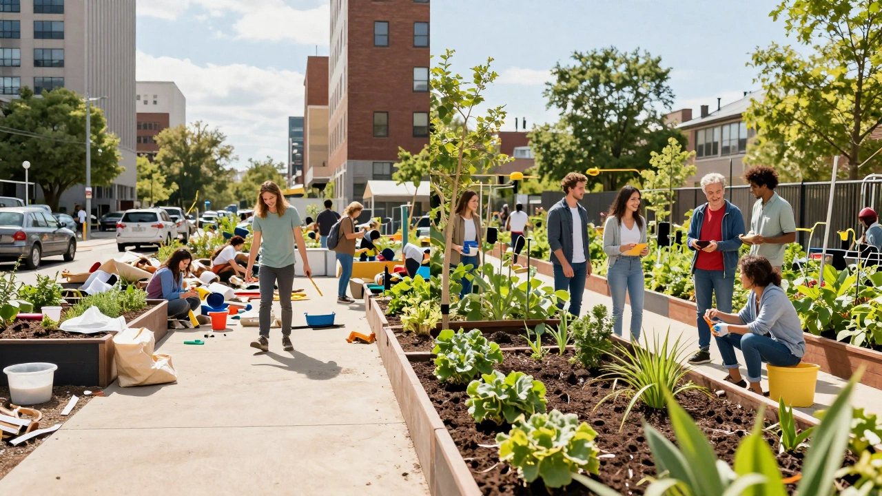 A before and after comparison of a cluttered space transformed into a community garden.