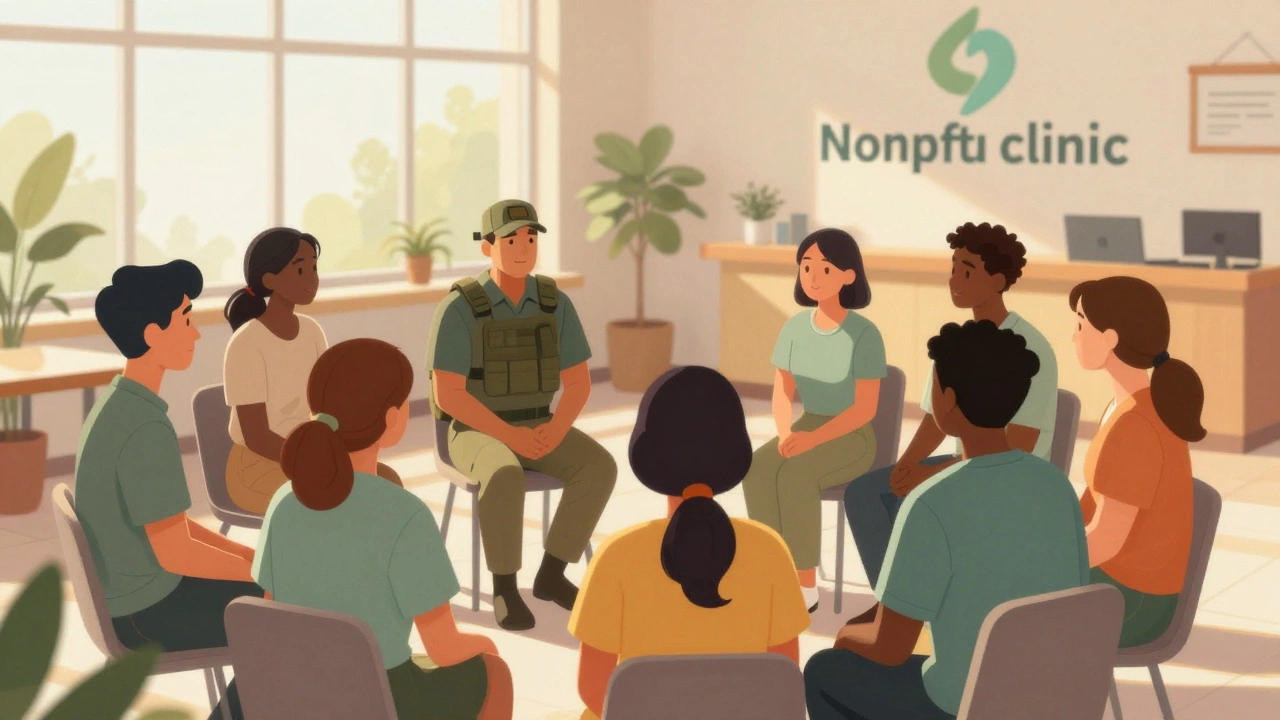 A diverse group of people sitting in a supportive circle at a community mental health center.