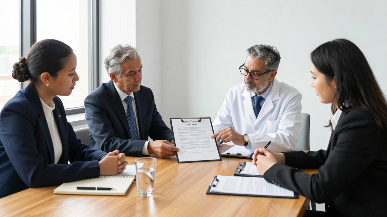 A diverse group of trustees collaborating and reviewing a legal trust document in a bright office.