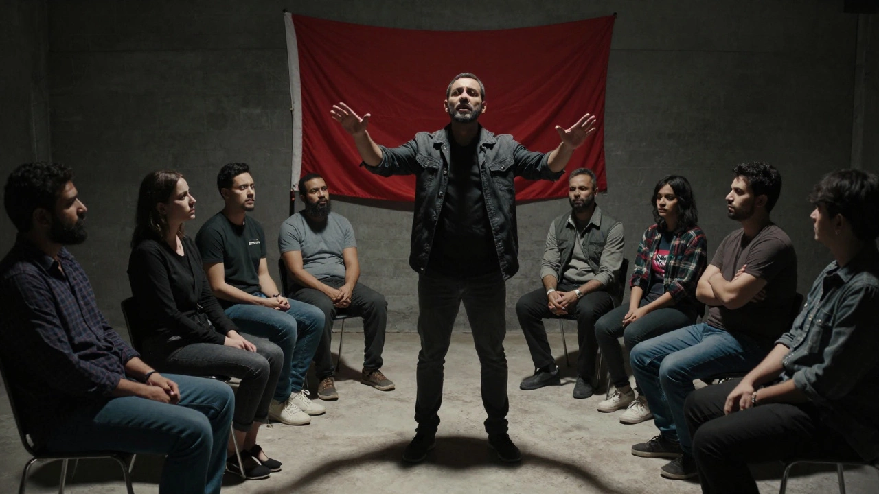 A dominant leader towering over a group, illustrating a red flag in a support group.