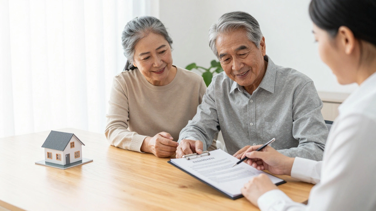 A senior couple and a professional advisor reviewing legal trust documents together.