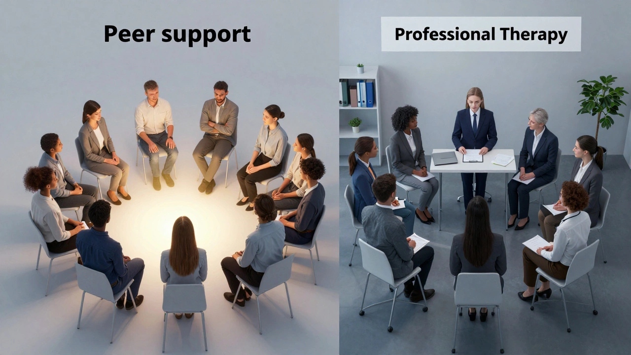 A split image comparing the warm atmosphere of peer support with a formal therapy session.