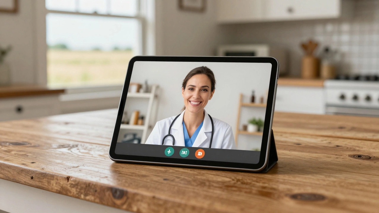 A tablet on a rural wooden table showing a telehealth therapy session with a prairie view in the background.