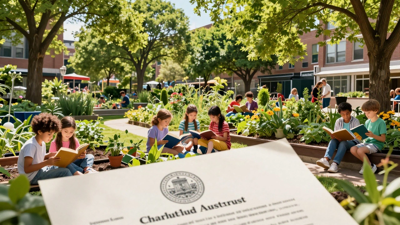 A thriving community garden with children reading, representing the successful outcome of a charitable trust.