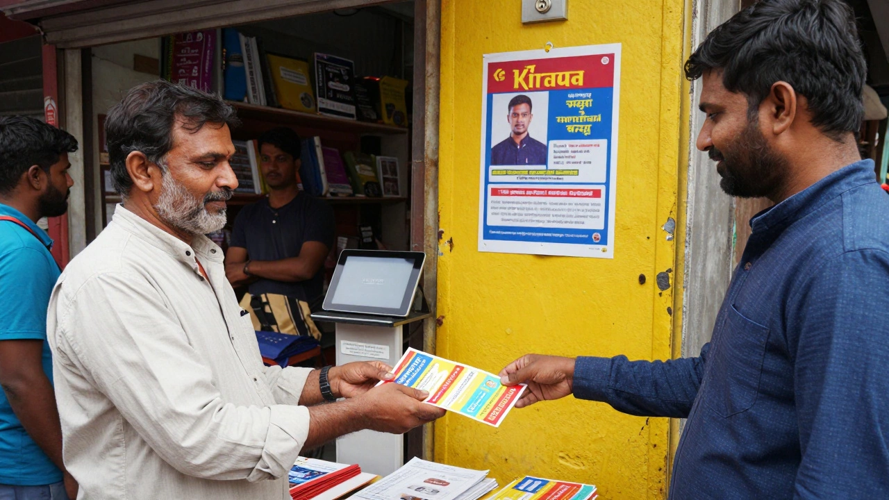 A volunteer distributing outreach flyers at a busy Indian street market.