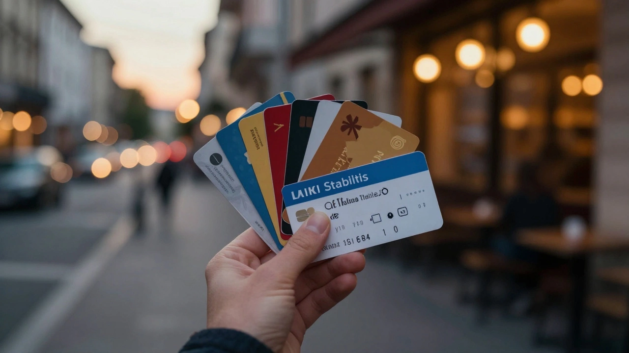 Close-up of a hand holding gift cards and a transit pass against a city backdrop