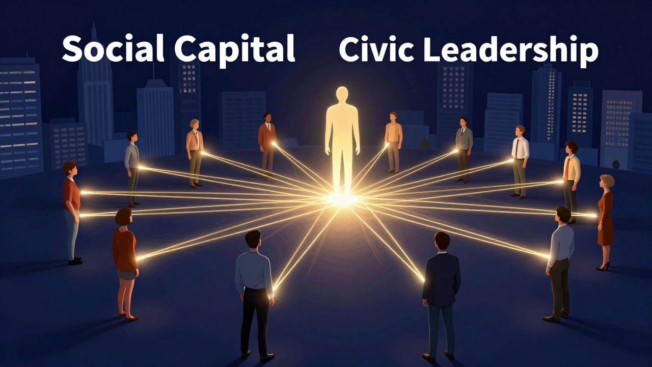 Conceptual art showing a civic leader connecting community members with golden threads.