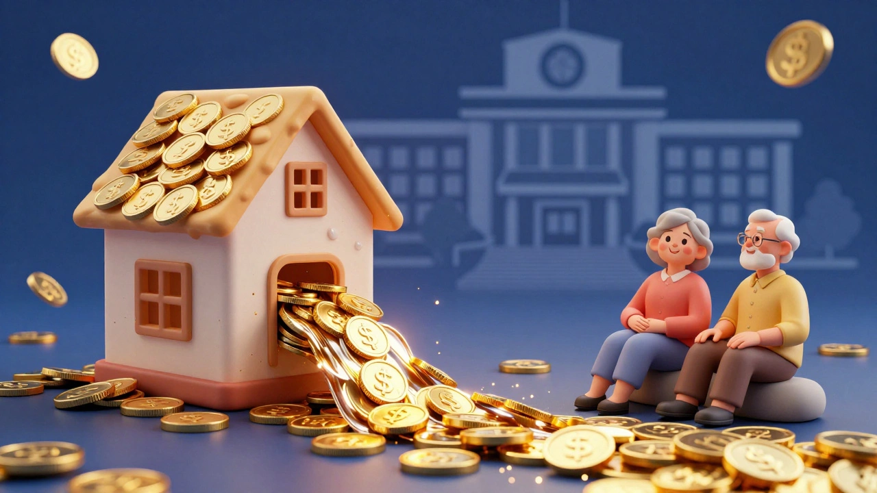 Conceptual art showing a house transforming into a flowing stream of gold coins.