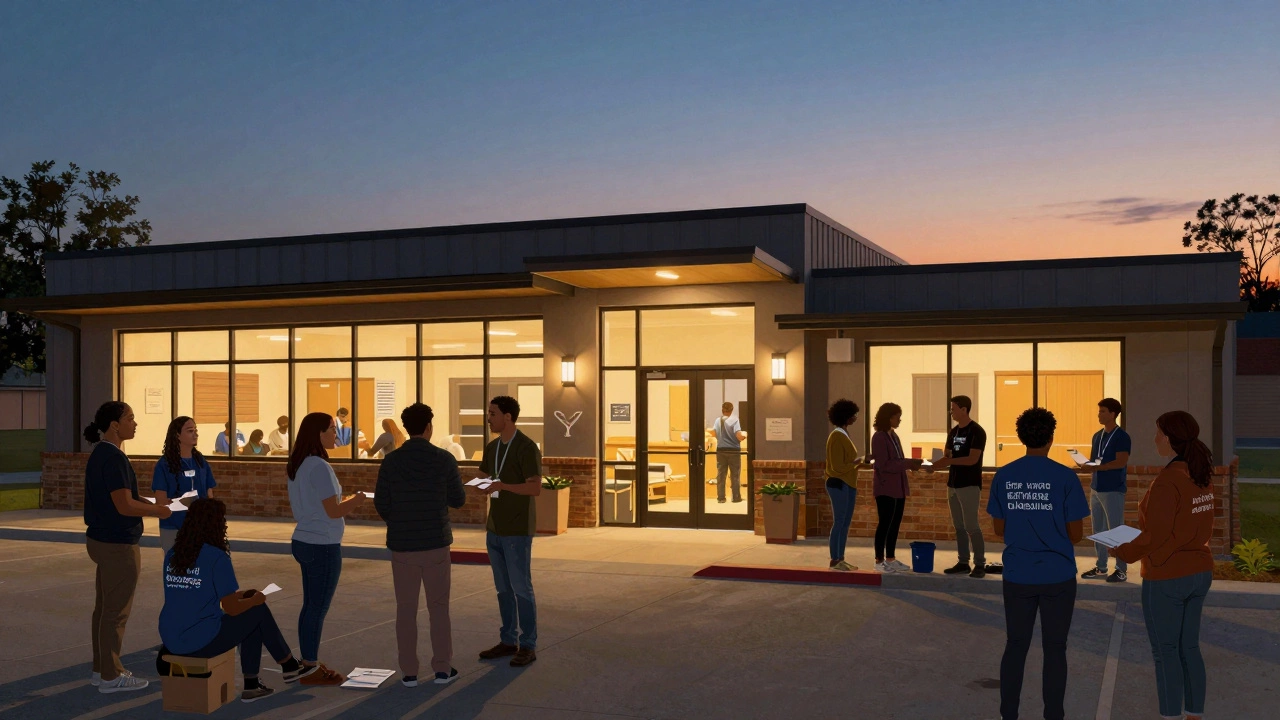 Community members collaborating at a supportive shelter center