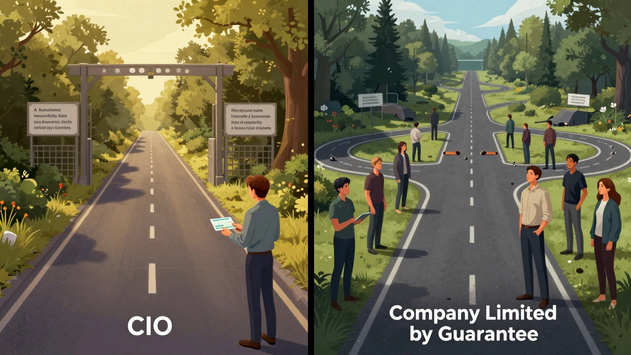 Conceptual art comparing CIO rigidity vs company flexibility for charities