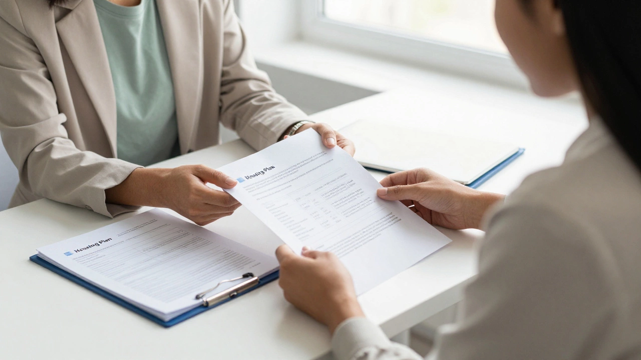 Counselor helping client review housing assistance documents