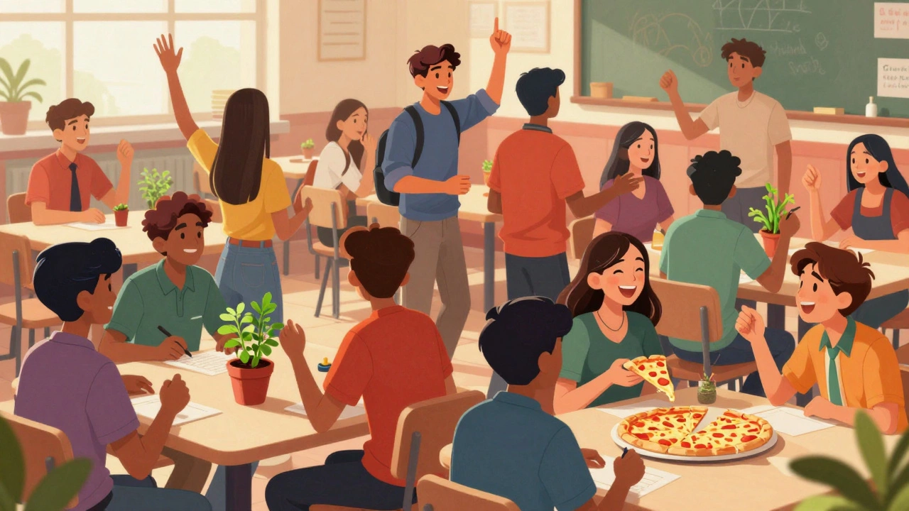 Diverse group of Indian students enjoying food and activities at a club meeting
