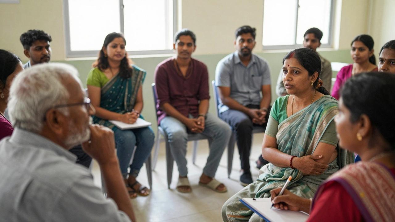 Diverse Indian community members collaborating in a town hall