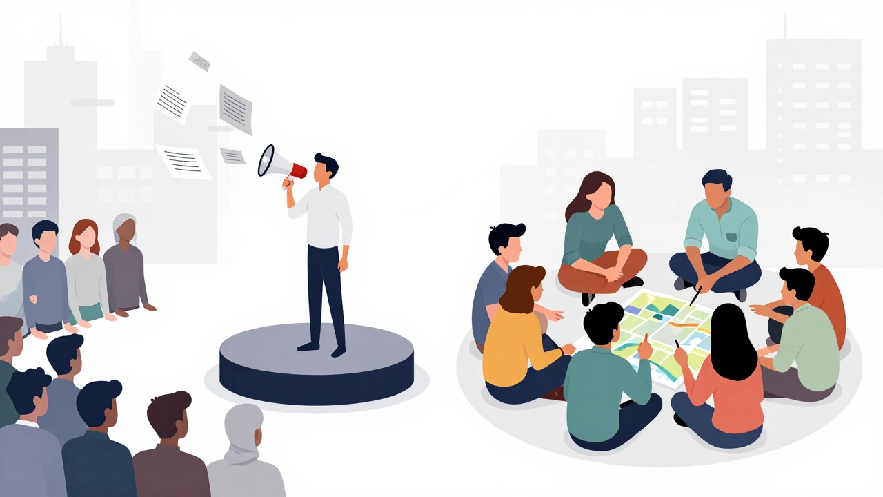 Illustration contrasting one-way outreach with two-way engagement
