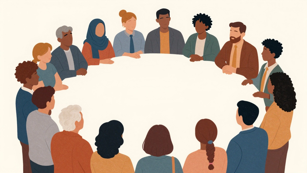 Silhouettes of diverse people forming a circle, representing inclusive leadership.