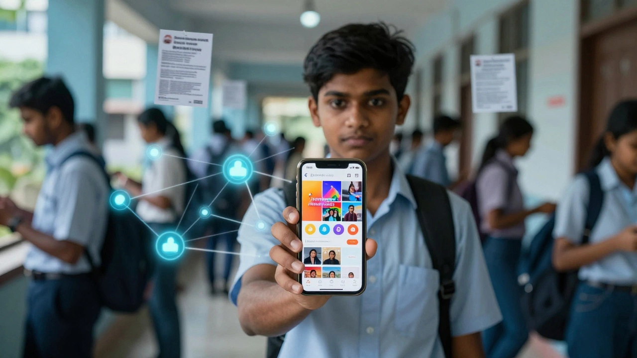 Student using smartphone for club promotion in a busy school hallway