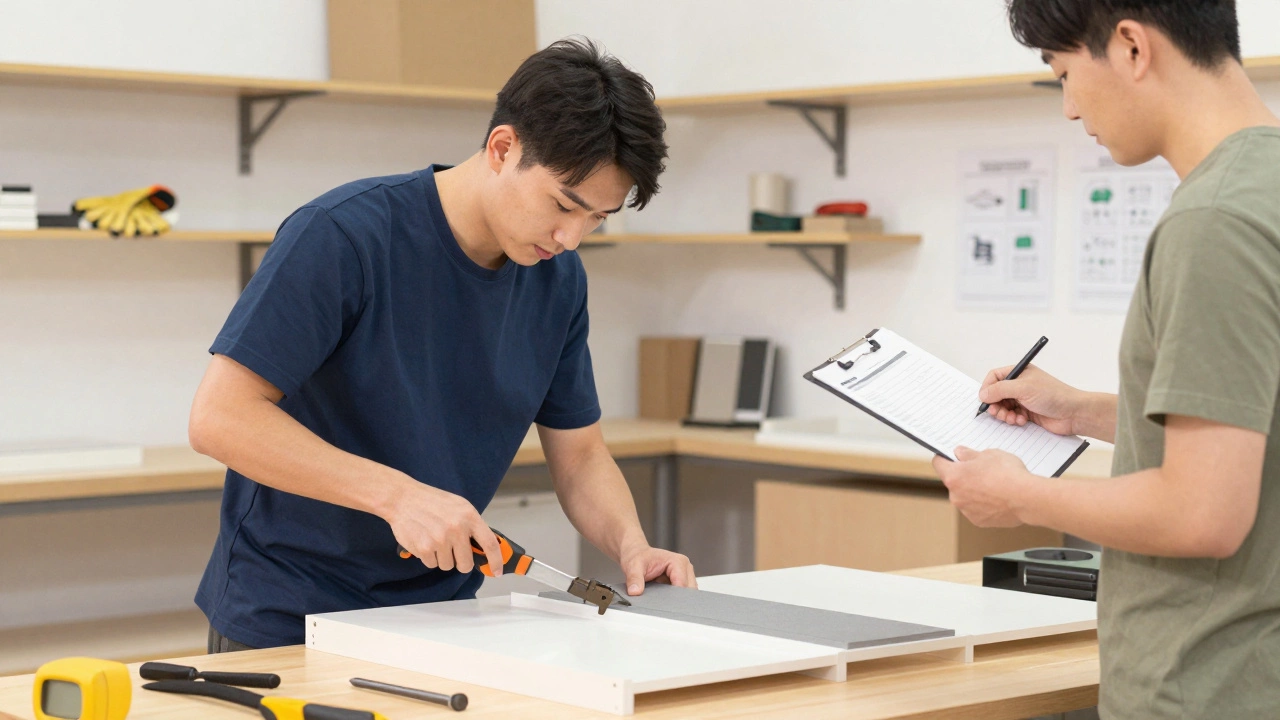 Volunteers skillfully assembling furniture in a workshop