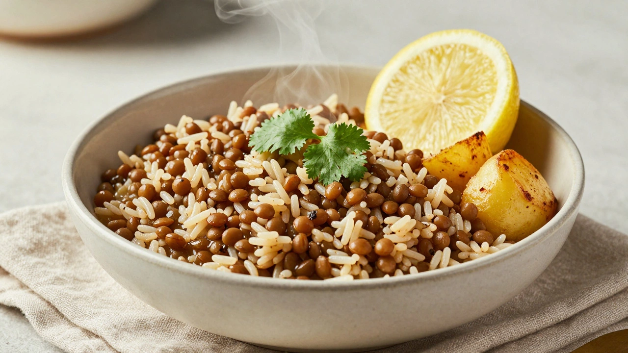 A steaming bowl of lentil and rice stew garnished with lemon and herbs.