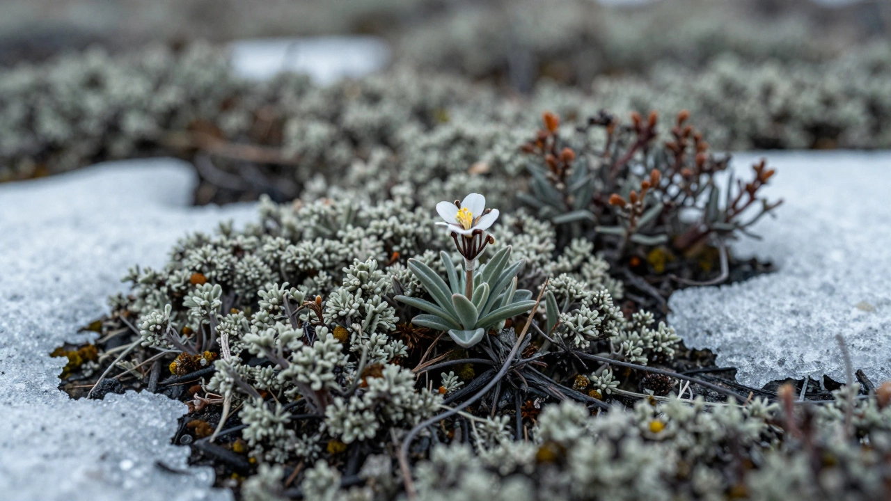 Close-up of moss, lichens, and flowers growing on frozen tundra soil