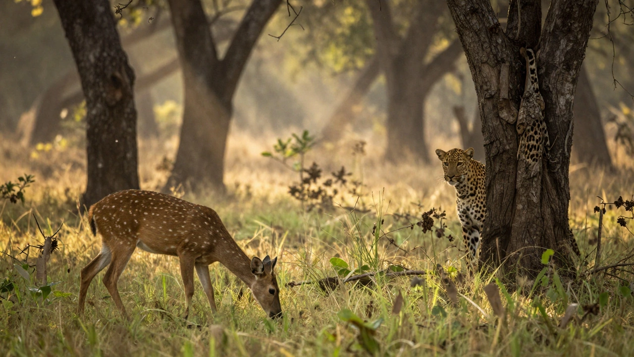 Deer grazing while a leopard watches in an Indian forest, showing consumers.