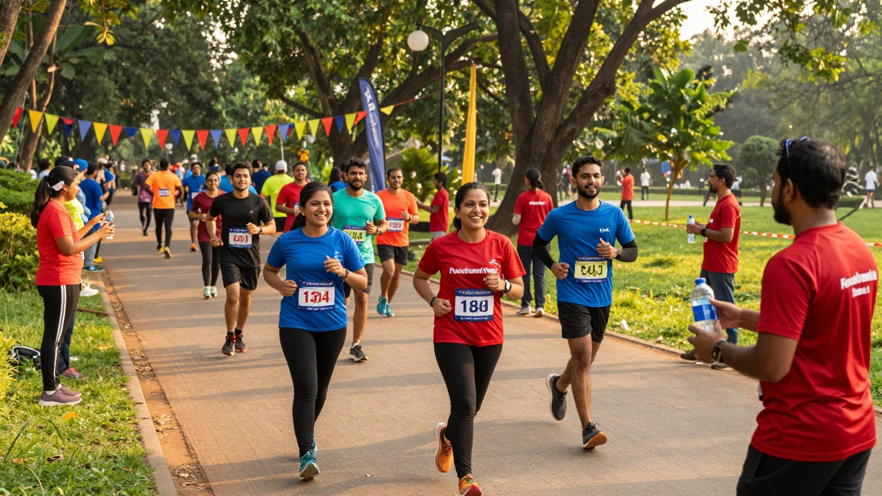 Diverse group participating in a cheerful charity fun run in a sunny park.