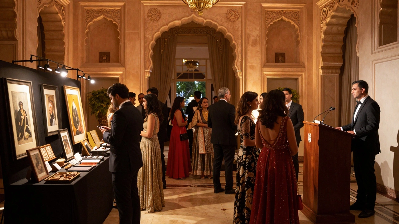 Elegant charity gala dinner with guests networking and viewing silent auction items.