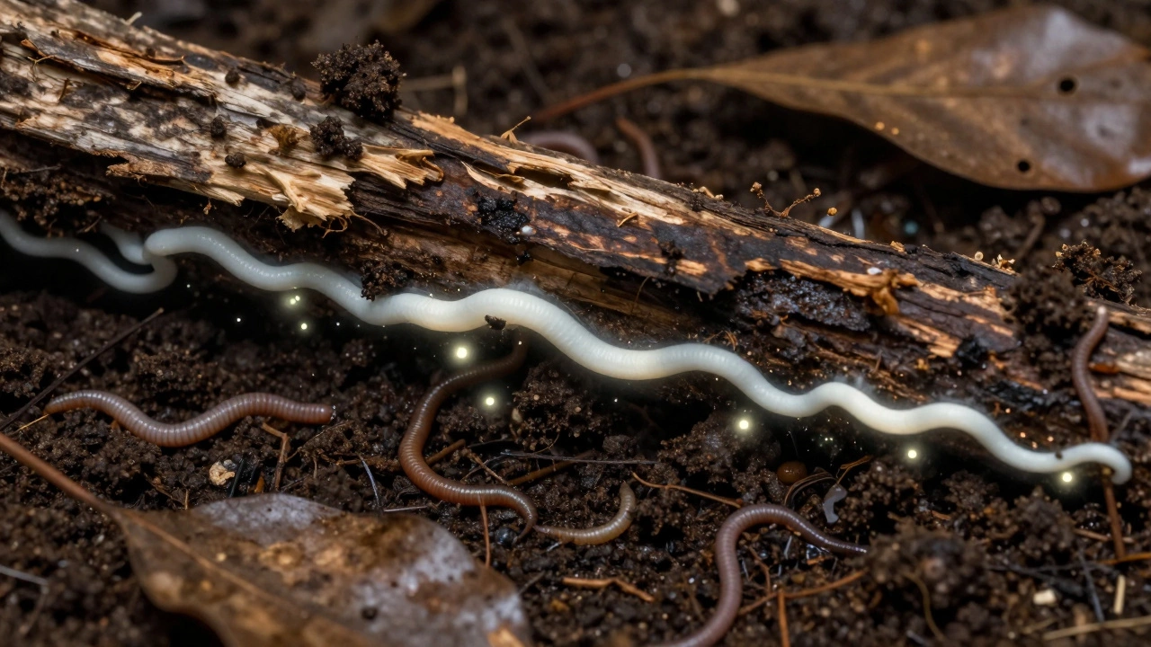 Fungi and worms breaking down soil and wood, illustrating decomposers.