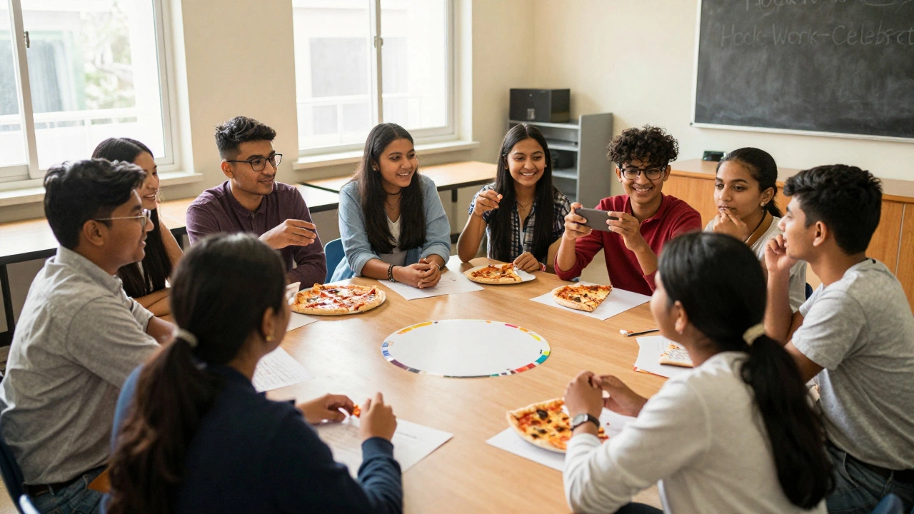 Happy students collaborating and celebrating during a lively club meeting