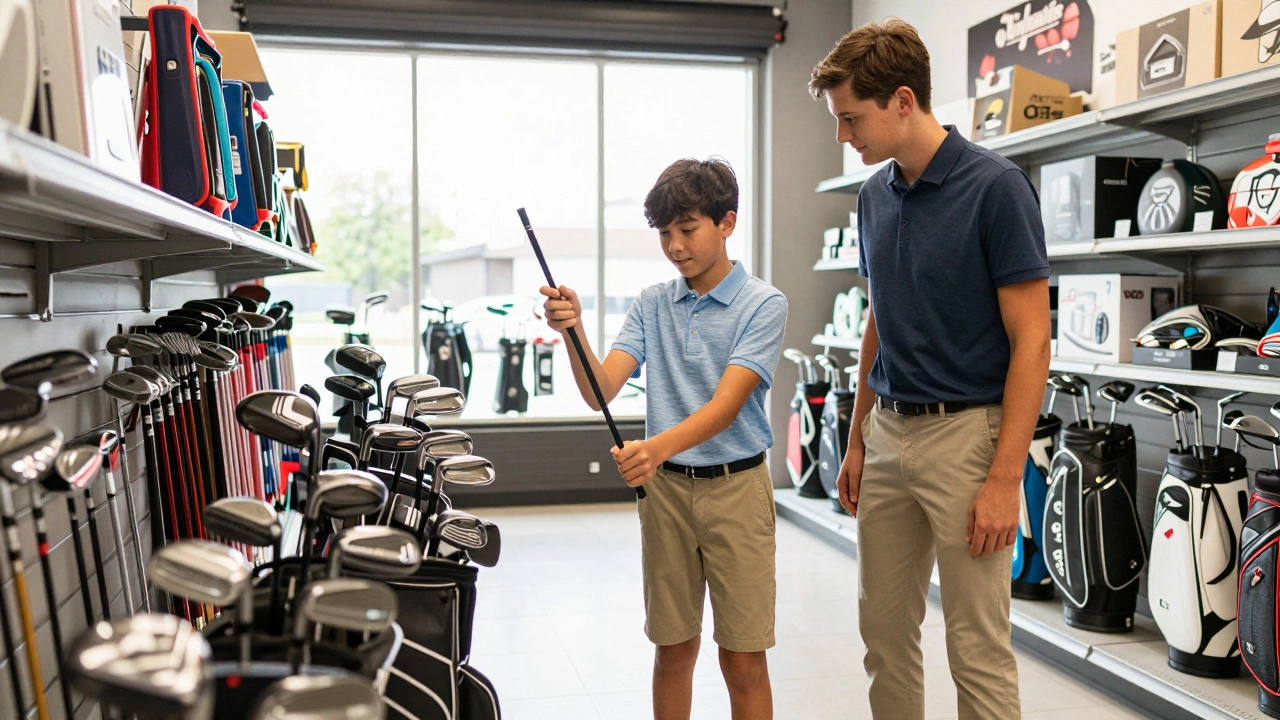 Parent and teen selecting fitted junior senior golf clubs