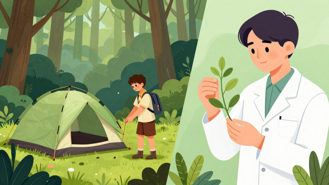 Split image showing outdoor scouting and agricultural science activities