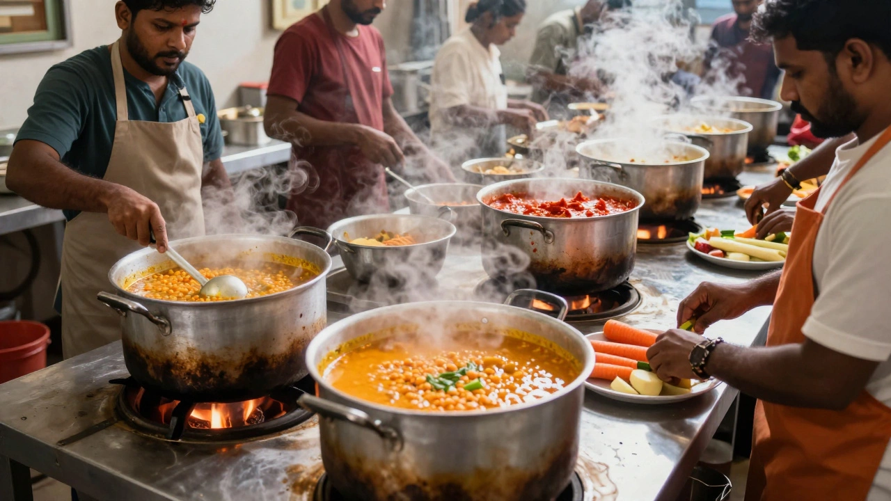 Volunteers cooking large batches of lentil stew in a busy community kitchen.