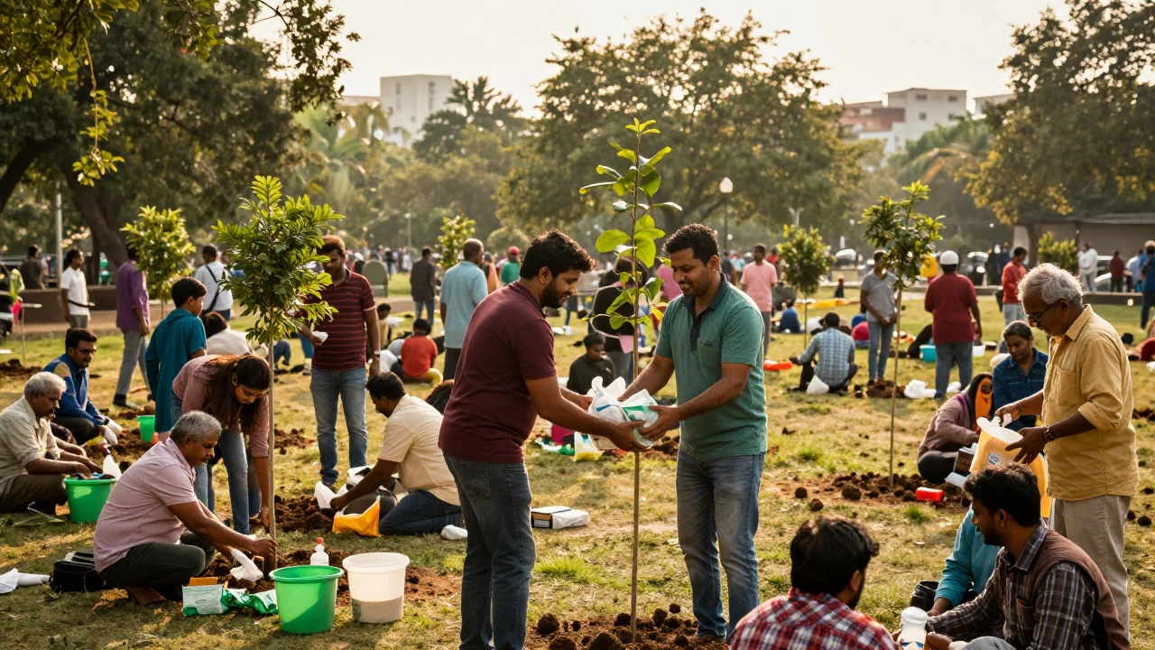 Volunteers engaging with residents at a lively outdoor community event