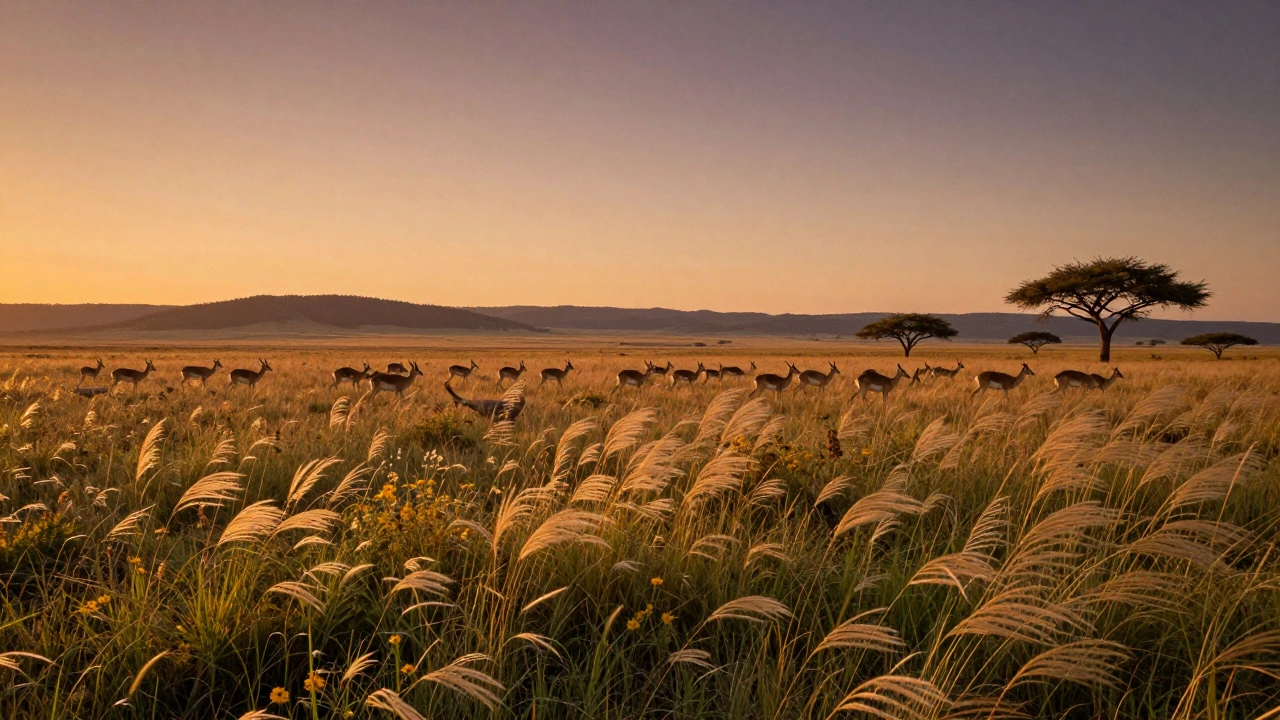Wide view of grassland with grazing animals and wildflowers under a sunset sky