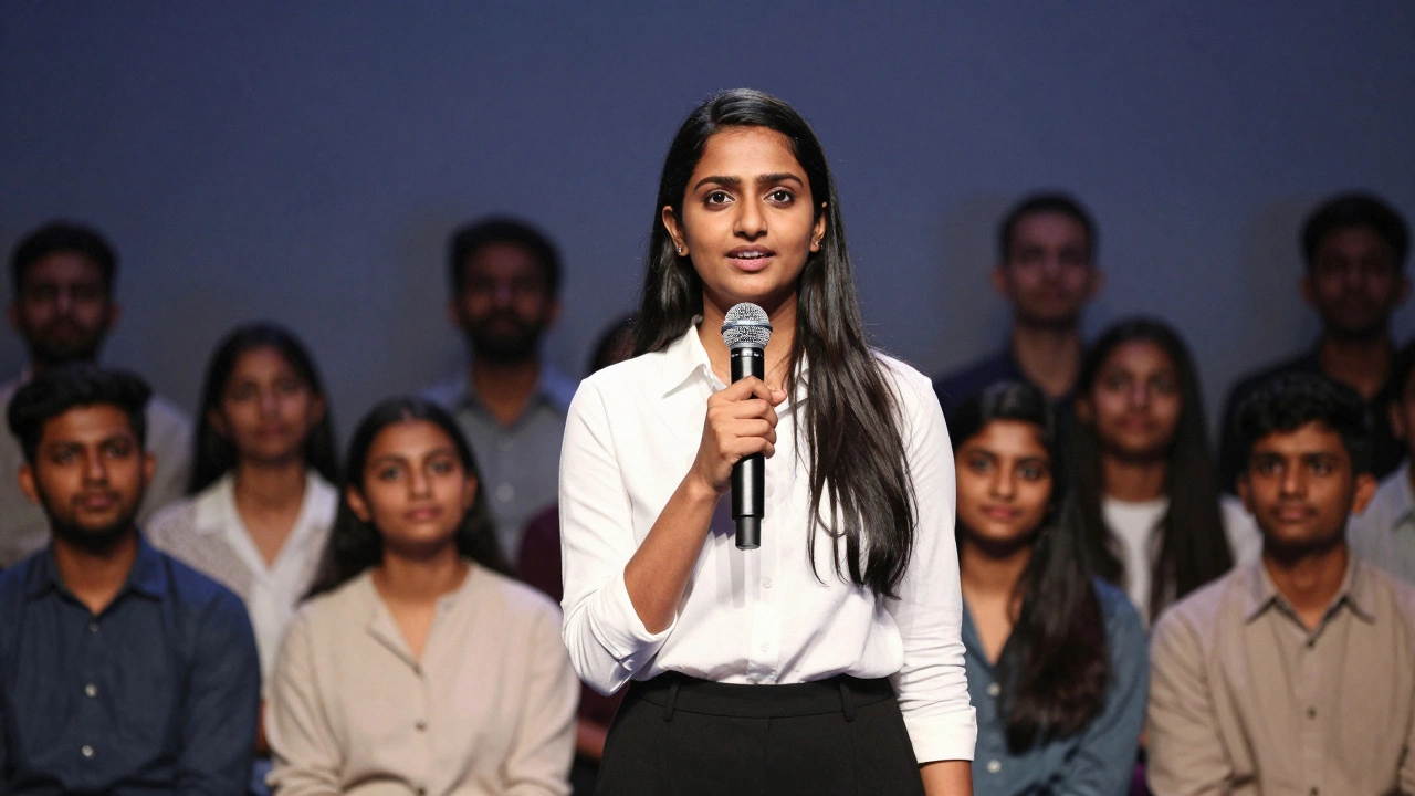 Young woman speaking confidently on stage to an audience