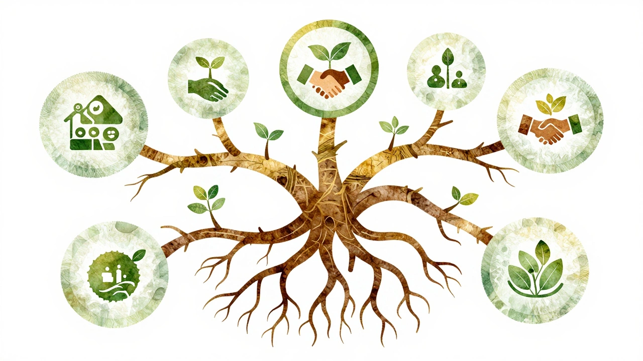Abstract art of intertwined roots symbolizing partnership and growth