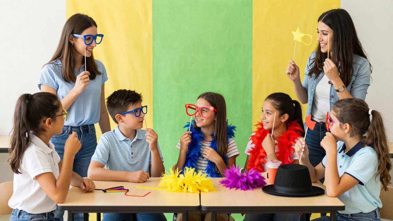 Colorful photo booth area with props for a school theme day event
