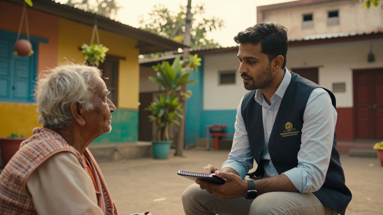 Community liaison talking with a resident in a vibrant Indian neighborhood.