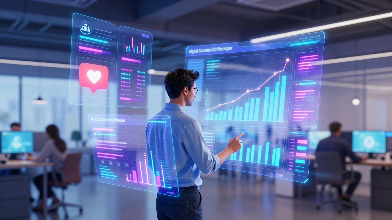 Digital community manager analyzing holographic data in a tech workspace.